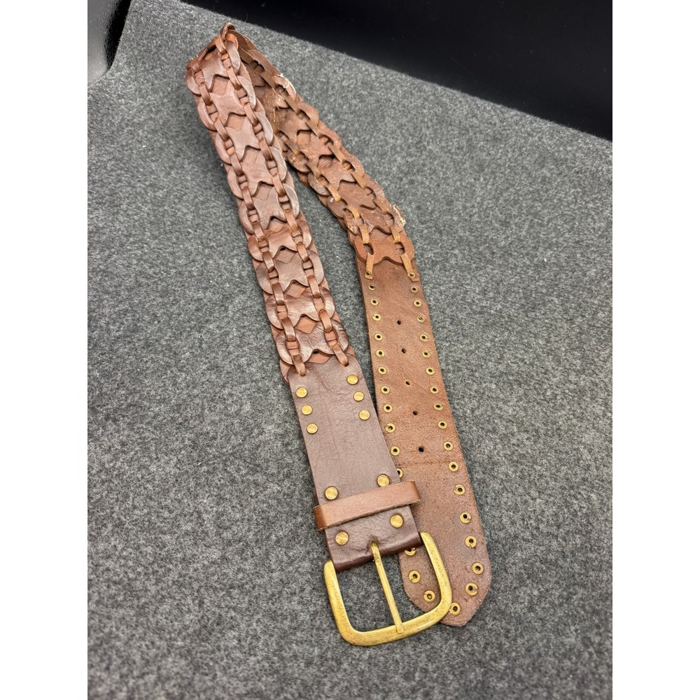 Vintage Brown Leather Studded Woven Belt Brass Buckle Medium India Boho